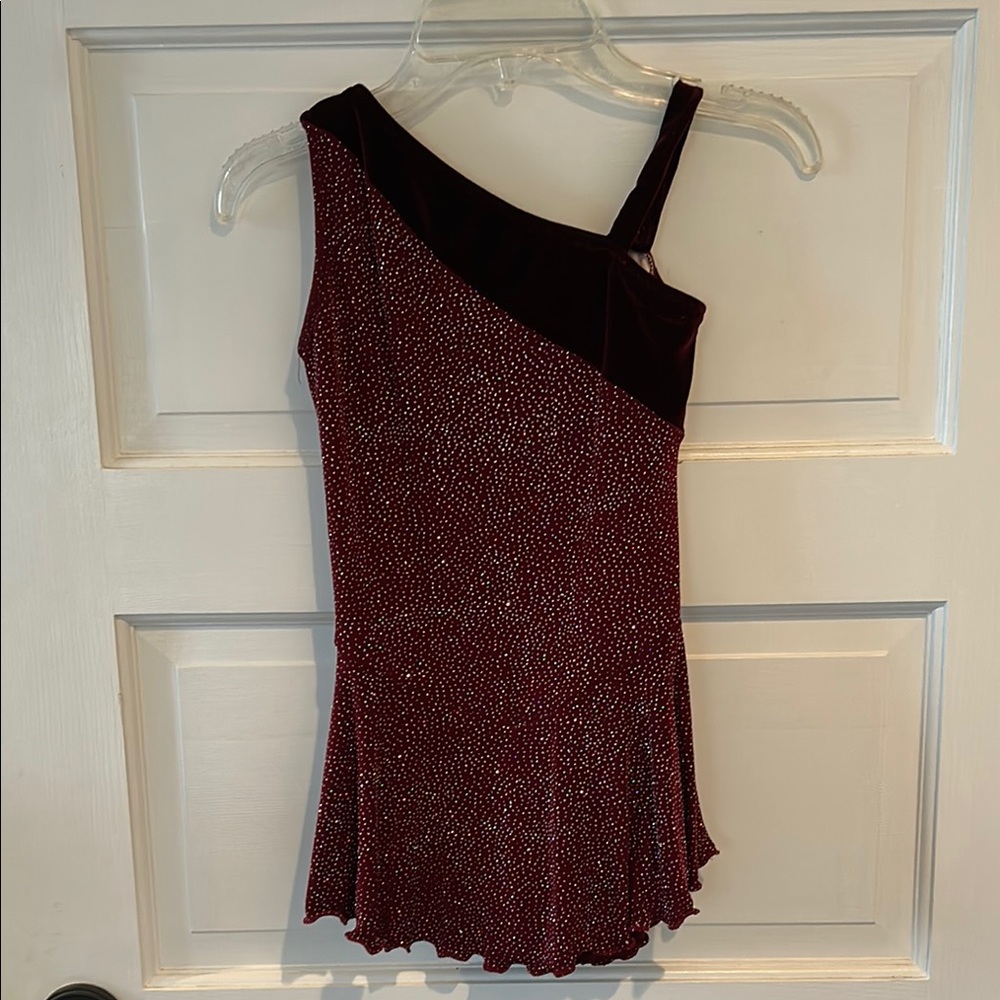 Burgundy One-Shoulder sparkle skate dress
